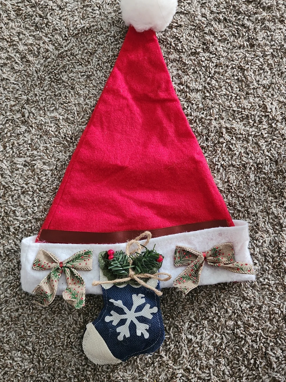 Santa Hat with Holiday Bow & Stocking Accent